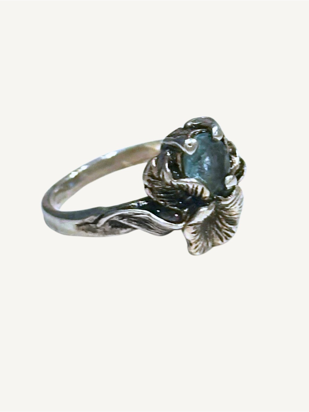 Aquamarine Sterling Silver Iris Flower Ring Size 7 Art Nouveau Style Sculptural
